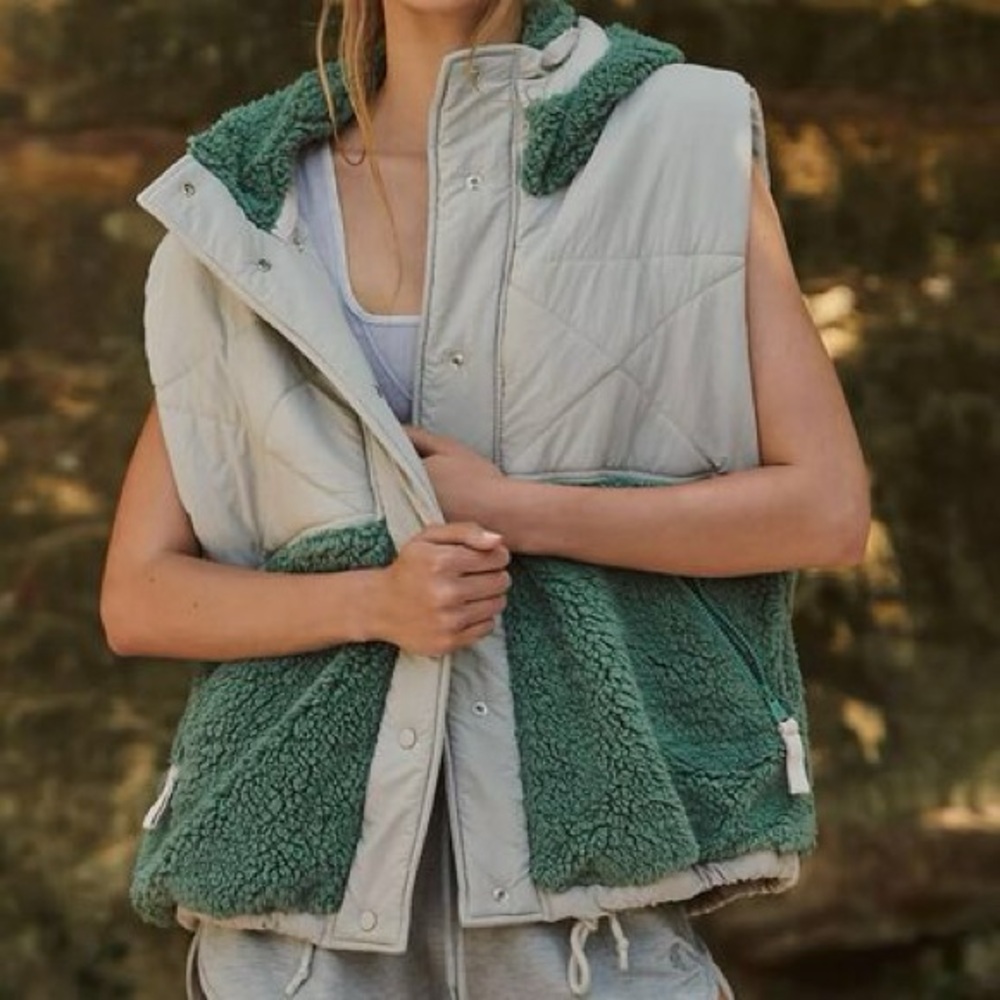 FP Movement Free People Adventure Awaits Fleece Vest in Muted Beige Combo, Large